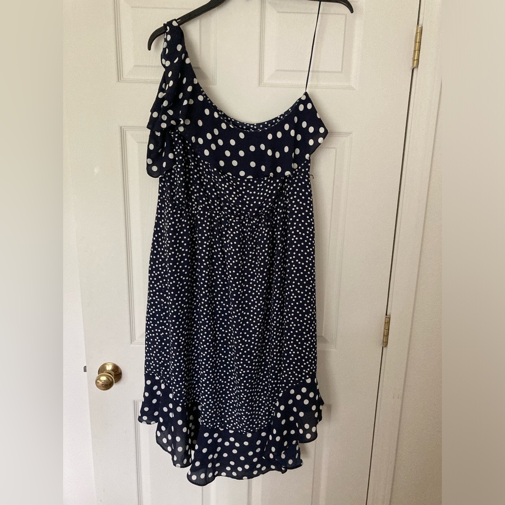 New Day Womens Polka Dot One Shoulder Midi Dress Navy - Picture 2 of 4